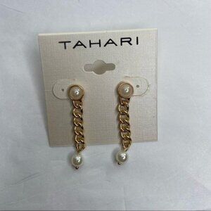 Tahari Gold Tone Pearl Post Chain Dangle with Pearl Drop Earrings NEW